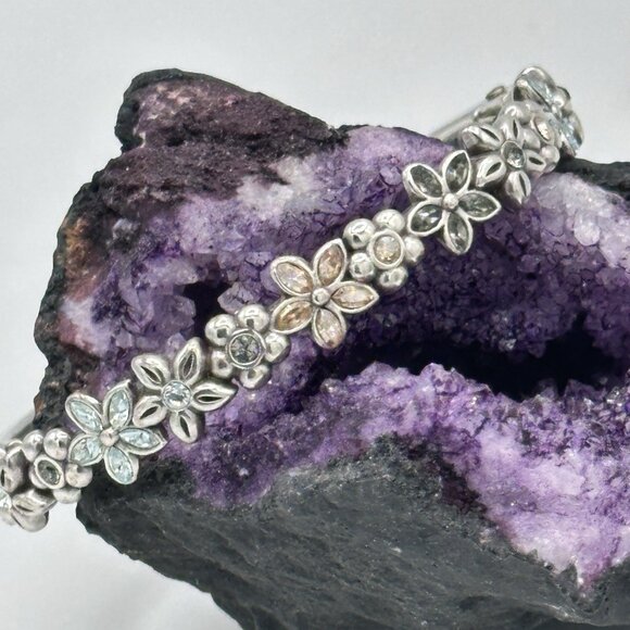 Brighton Silver Plated Floral Bangle Bracelet with Crystals Oval Fits 7.5" Wrist - Picture 1 of 11